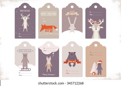 collection of 8 craft christmas gift tags with ccute animals. illustration