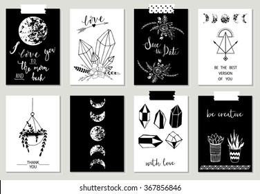 Collection of 8 cute card templates. Wedding, marriage, save the date, baby shower, bridal, birthday, Valentine's day. Stylish simple design. Vector illustration. Poster template.