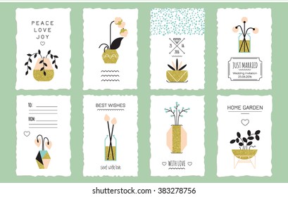 Collection of 8 cute card templates with flat floral and gold elements. Stylish simple design. Vector illustration. Poster template.