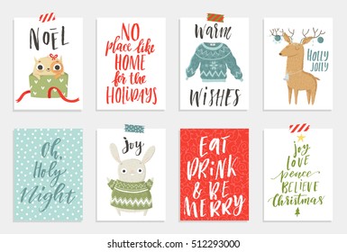 Collection of 8 cute Christmas and New Year ready-to-use gift cards. Set of eight printable hand drawn holiday posters templates. Vector seasonal  postcard design
