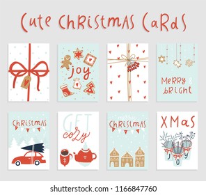 Collection of 8 cute Merry Christmas and Happy New Year ready-to-use gift cards. Set of printable hand drawn holiday posters templates with christmas illustrations and lettering