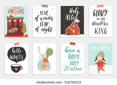 Collection of 8 cute Merry Christmas and Happy New Year ready-to-use gift cards. Set of eight printable hand drawn holiday posters templates. Vector seasonal postcard design