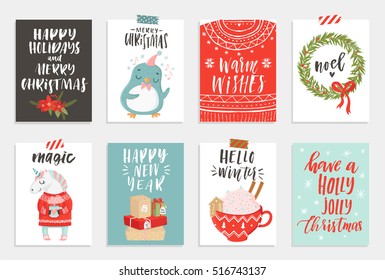 Collection of 8 cute Merry Christmas and Happy New Year ready-to-use gift cards. Set of eight printable hand drawn holiday posters templates. Vector seasonal postcard design