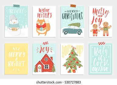 Collection of 8 cute Merry Christmas and Happy New Year ready-to-use gift cards. Set of eight printable hand drawn holiday posters templates. Vector seasonal postcard design