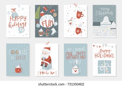 Collection of 8 cute Merry Christmas and Happy New Year ready-to-use gift cards. Set of eight printable hand drawn holiday posters templates. Vector seasonal postcard design.