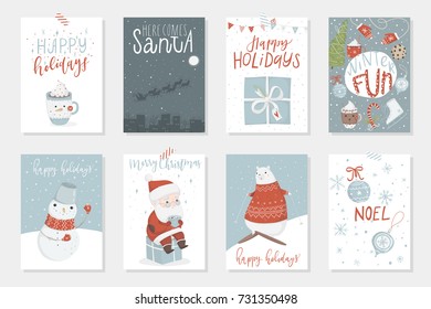 Collection of 8 cute Merry Christmas and Happy New Year ready-to-use gift cards. Set of eight printable hand drawn holiday posters templates. Vector seasonal postcard design.