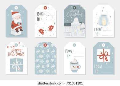 Collection of 8 cute Merry Christmas and Happy New Year ready-to-use gift tags. Set of eight krafted printable hand drawn holiday cards templates. Vector seasonal labels design