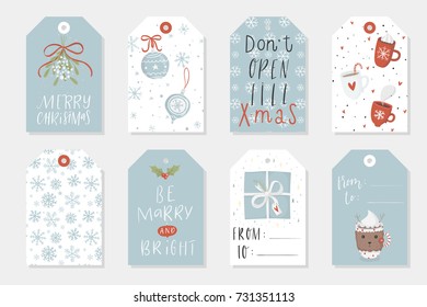 Collection of 8 cute Merry Christmas and Happy New Year ready-to-use gift tags. Set of eight krafted printable hand drawn holiday cards templates. Vector seasonal labels design