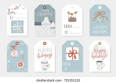 Collection of 8 cute Merry Christmas and Happy New Year ready-to-use gift tags. Set of eight krafted printable hand drawn holiday cards templates. Vector seasonal labels design