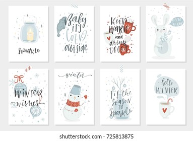 Collection of 8 cute Winter ready-to-use gift cards with cute characters and lettering. Set of eight printable hand drawn holiday posters templates. Vector seasonal crafted  holiday postcard design