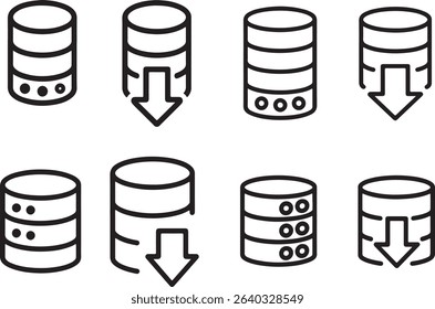 Collection of 8 database icons in vector format featuring storage units and data download symbols, all presented on a transparent background.