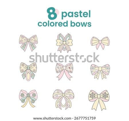 Collection of 8 delicate pastel colored bows for decorative design elements