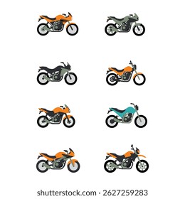 A collection of 8 flat vector motorcycle icons showcasing various models including sport bikes, cruiser bikes, and street motorcycles. Designed in a clean, minimal style with solid colors