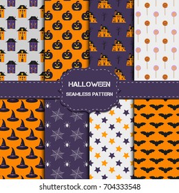 Collection of 8 halloween patterns with endless texture. Vector background can be used for wallpaper, fills, web page,surface, scrapbook,  holiday card, invitation and party design.