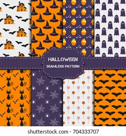 Collection of 8 halloween patterns with endless texture. Vector background can be used for wallpaper, fills, web page,surface, scrapbook,  holiday card, invitation and party design.