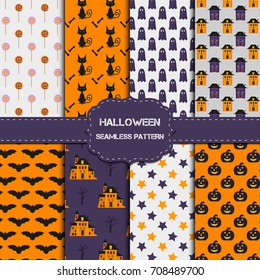 Collection of 8 halloween patterns with endless texture. Vector background can be used for wallpaper, fills, web page,surface, scrapbook,  holiday card, invitation and party design.