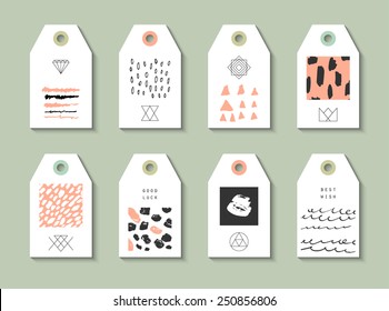 Collection of 8 Hang Tags. Trendy hand made patterns and colors. 