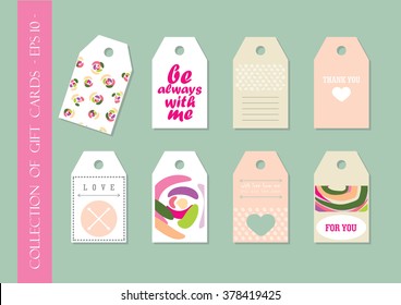 Collection of 8 hang tags. Trendy patterns and colors. Isolated.