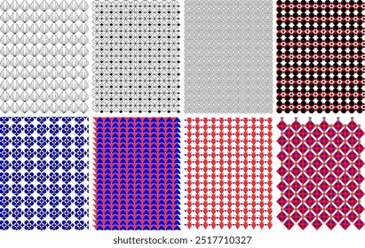 A collection of 8 intricate geometric patterns, showcasing a diverse array of shapes and colours. 