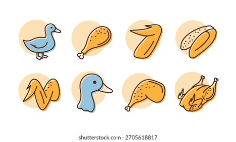 Coleção de 8 ícones minimalistas da arte da linha plana mostrando partes do pato, incluindo pato inteiro, perna, asas e pato assado. Perfeito para comida gourmet e design de menu de restaurante.

