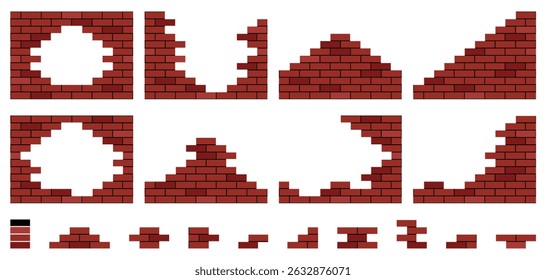 Collection with 8 Models of Red Brick Walls under Construction + Pieces for Maker.