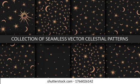 Collection Of 8 Night Sky Seamless Patterns. Space With Stars, Suns And Moons. Vector Astrological Celestial Illustrations