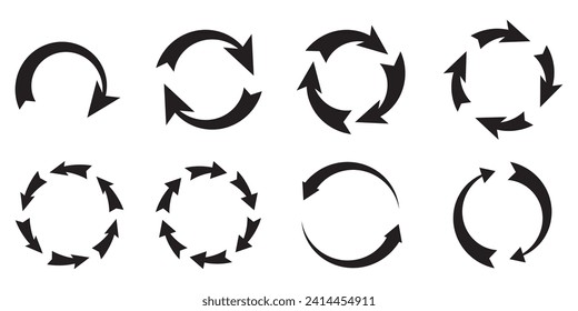 Collection Of 8 Recycle Circle Icons set. Set of Refresh Signs. Vector Arrows. Circular rotation loading elements, redo process.