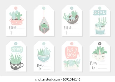 Collection of 8 redy to use gift romantic tags with succulents. Vector printable collection of Valentine's Day card, invitation, poster in gentle colors template design 