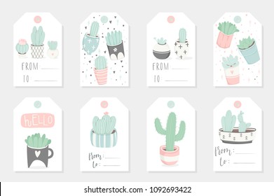 Collection of 8 redy to use gift romantic tags with succulents. Vector printable collection of Valentine's Day card, invitation, poster in gentle colors template design 