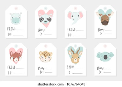 Collection of 8 redy to use tags. Lable set with cute animals and hand drawn lettering on white background, pastel colors. Wedding, save the date, baby shower, bridal, birthday. Vector svg