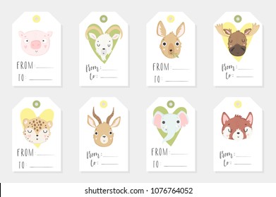 Collection of 8 redy to use tags. Lable set with cute animals and hand drawn lettering on white background, pastel colors. Wedding, save the date, baby shower, bridal, birthday. Vector