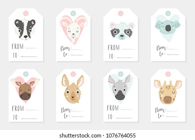 Collection of 8 redy to use tags. Lable set with cute animals and hand drawn lettering on white background, pastel colors. Wedding, save the date, baby shower, bridal, birthday. Vector