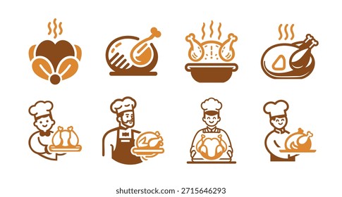 Una colección de 8 diseños de logotipo de pollo asado adecuados para restaurantes, puntos de venta de alimentos e identidad de marca de aves de corral.