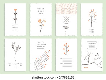 Collection of 8 romantic invitations. Wedding, marriage, bridal, birthday, Valentine's day. Isolated. Vector