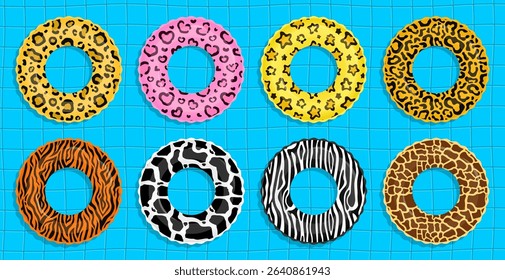 Collection of 8 round swimming rings with wild animal prints including tiger, leopard, cheetah, giraffe, zebra, and cow patterns.