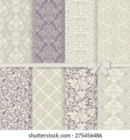 collection of 8 seamless damask patterns in violet and grey