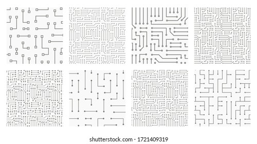 Collection of 8 seamless monochrome electronic pattern. Vector illustrations of circuit board. Cyber high-tech textures.