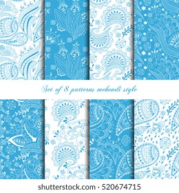Collection 8 seamless pattern mehendi style in blue color. Design for fashion, textile, web and other decor.