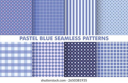 A collection of 8 seamless patterns in pastel blue tones. Includes grid, polka dots, checkered, and striped styles. Ideal for backgrounds, stationery, and fabric design.