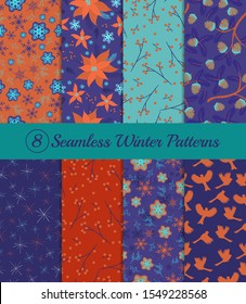 Collection of 8 seamless winter patterns. Collection in a single color scheme: blue, red. For gift wrapping. Vector graphics.