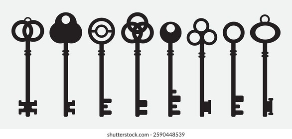 A collection of 8 silhouette antique keys with classic designs and unique ornamental details. This vector illustration is perfect for retro themes, vintage decor, and steampunk projects.