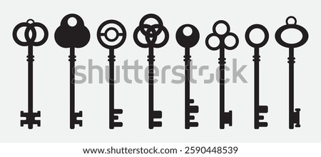 A collection of 8 silhouette antique keys with classic designs and unique ornamental details. This vector illustration is perfect for retro themes, vintage decor, and steampunk projects.
