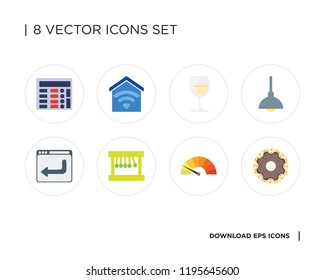 Collection of 8 simple icons such as Doughnut, Meter, Momentum, Browser, Lighting, Glass, Smart home, Adding machine, universal set for web and mobile
