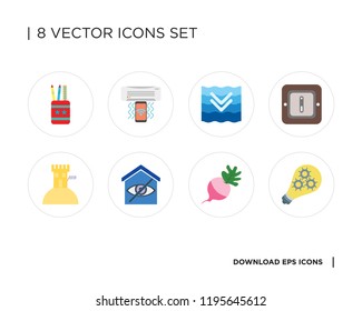 Collection of 8 simple icons such as Smart, Radish, Smart home, Sand castle, Switch, Deep, Air conditioner, Pencil case, universal set for web and mobile