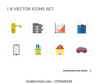 Collection of 8 simple icons such as Minivan, Home, Pencil box, Mobile phone, Clipboard, Chart, Copier, Doorknob, universal set for web and mobile