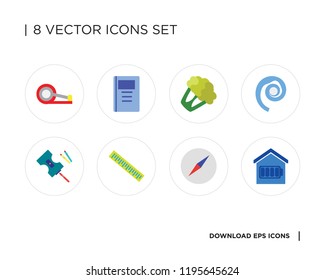 Collection of 8 simple icons such as Smart home, Compass, Protractor, Sharpener, Seashell, Cauliflower, Dossier, Tape, universal set for web and mobile