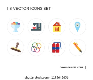 Collection of 8 simple icons such as Pencil, Aqualung, Rubber bands, Stamp, Check in, Home, Coffee machine, Ice cream, universal set for web and mobile
