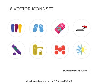 Collection of 8 simple icons such as Heating, Binoculars, Handle, Highlighter, Sunbed, Jam, Flip flops, Surfing, universal set for web and mobile