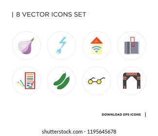 Collection of 8 simple icons such as Arch, Sunglasses, Cucumber, Agenda, Paper clip, Automation, Power, Onion, universal set for web and mobile