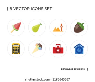 Collection of 8 simple icons such as Smart home, Photography, Ice cream, Calculator, Hazelnut, Landmark, Pear, universal set for web and mobile